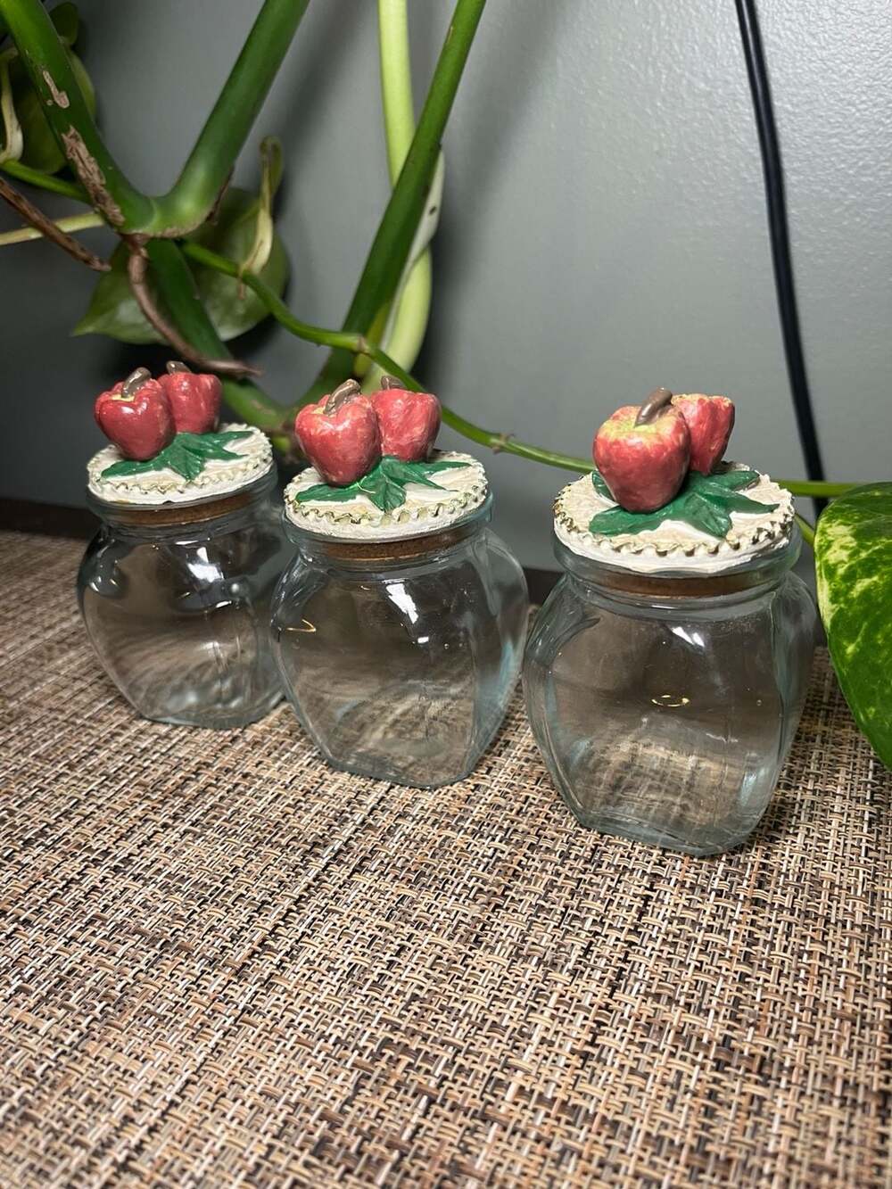 Set of 3 Small Glass Spice Jars with Decorative Resin Apple & Leaf Cork Lids, 4"